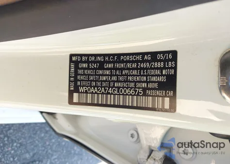 2016 Porsche Panamera 4 z USA, uszkodzony, nr VIN WP0AA2A74GL006675